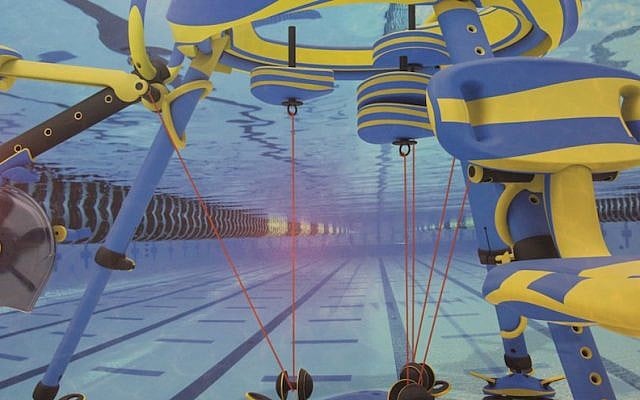 A promotional photograph of Asaf Ventura’s Venduza floating gym (Courtesy Bezalel via JTA)