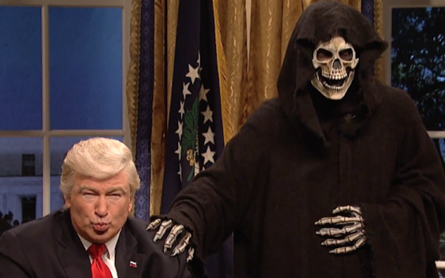 Alec Baldwin, left, playing President Donald Trump in a 'Saturday Night Live' sketch that aired February 4, 2017. (Screenshot from YouTube) Alec Baldwin, left, playing President Donald Trump in a 'Saturday Night Live' sketch that aired February 4, 2017. (Screenshot from YouTube)