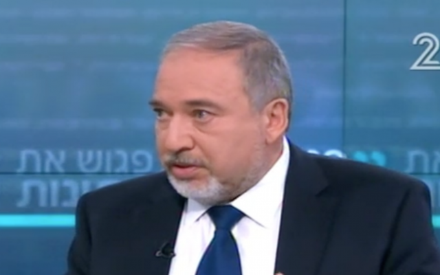 File: Defense Minister Avigdor Liberman, interviewed on Channel 2, February 11, 2017 (Channel 2 screenshot) File: Defense Minister Avigdor Liberman, interviewed on Channel 2, February 11, 2017 (Channel 2 screenshot)