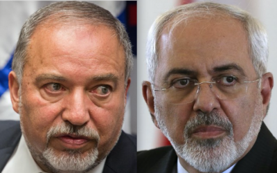 Defense Minister Avigdor Liberman (left) and Iranian Foreign Minister Mohammad Javad Zarif (Flash90 and AP)