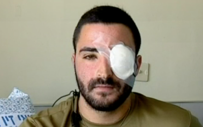 Border Police officer Sapir Shmueli receives treatment at Safed's Ziv Hospital to try to save the vision in his left eye on February 6, 2017, after a protester hit him in the face with a metal chain during the evacuation of the Amona settlement the week before. (Screen capture: Channel 10) Border Police officer Sapir Shmueli receives treatment at Safed's Ziv Hospital to try to save the vision in his left eye on February 6, 2017, after a protester hit him in the face with a metal chain during the evacuation of the Amona settlement the week before. (Screen capture: Channel 10)