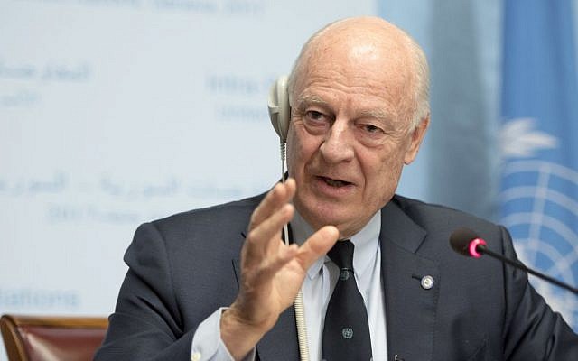 UN Special Envoy of the Secretary-General for Syria Staffan de Mistura at the resumption of the negotiation between the Syrian government and the opposition, at the European headquarters of the United Nations in Geneva, Switzerland, February 22, 2017. Martial Trezzini/Keystone via AP)