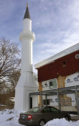 Construction at a mosque being built with support from the Turkish-American Religious Foundation sits suspended, Tuesday, February 14, 2017, in New Haven, Connecticut. (AP Photo/Michael Melia)