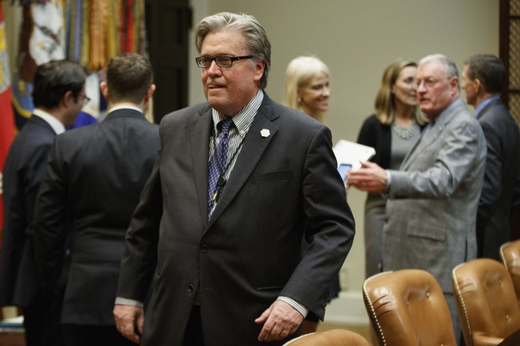 In this Jan. 31, 2017 file photo, White House Chief Strategist Steve Bannon arrives for a meeting with President Donald Trump on cyber security in the Roosevelt Room of the White House in Washington. Bannon, outside agitator-turned-inside adviser, emerges as the most influential voice in Donald Trump's White House, driving policies on immigration, national security and taxes. His voice was key in Trump's Supreme Court pick. (AP Photo/Evan Vucci, File) In this Jan. 31, 2017 file photo, White House Chief Strategist Steve Bannon arrives for a meeting with President Donald Trump on cyber security in the Roosevelt Room of the White House in Washington. Bannon, outside agitator-turned-inside adviser, emerges as the most influential voice in Donald Trump's White House, driving policies on immigration, national security and taxes. His voice was key in Trump's Supreme Court pick. (AP Photo/Evan Vucci, File)