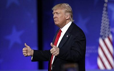 President Donald Trump gestures after speaking at the Conservative Political Action Conference (CPAC), Friday, Feb. 24, 2017, in Oxon Hill, Md. (AP/Alex Brandon)