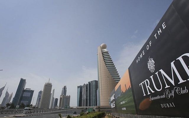 A giant billboard advertising the Trump International Golf Club hangs at the Dubai Trade Center roundabout, in Dubai, United Arab Emirates on February 18, 2017. (AP Photo/Kamran Jebreili) A giant billboard advertising the Trump International Golf Club hangs at the Dubai Trade Center roundabout, in Dubai, United Arab Emirates on February 18, 2017. (AP Photo/Kamran Jebreili)