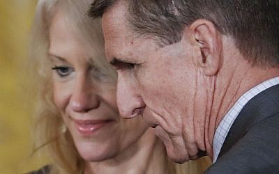 National Security Adviser Michael Flynn and Counselor to the President Kellyanne Conway take their seats before the start of a joint news conference with President Donald Trump and Canadian Prime Minister Justin Trudeau in the East Room of the White House in Washington, Monday, Feb. 13, 2017. (AP Photo/Pablo Martinez Monsivais)