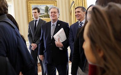 In this Jan. 27, 2017, photo, from left, White House senior advisers Jared Kushner, Steve Bannon and National Security Adviser Michael Flynn are seen in the Oval Office of the White House in Washington during a meeting between President Donald Trump and British Prime Minister Theresa May. (AP Photo/Pablo Martinez Monsivais) In this Jan. 27, 2017, photo, from left, White House senior advisers Jared Kushner, Steve Bannon and National Security Adviser Michael Flynn are seen in the Oval Office of the White House in Washington during a meeting between President Donald Trump and British Prime Minister Theresa May. (AP Photo/Pablo Martinez Monsivais)