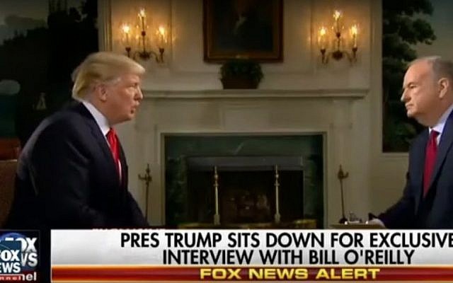 Screen capture of US President Donald Trump, left, during an interview with Fox News reporter Bill O'Reilly, February 2017. (screen capture: TDW News/YouTube)