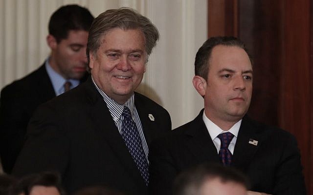 Steve Bannon, chief White House strategist to President Donald Trump, left, and White House Chief of Staff Reince Priebus stand in the East Room of the White House in Washington, Tuesday, Jan. 31, 2017, before President Donald Trump arrives to announce Judge Neil Gorsuch as his nominee for the Supreme Court. (AP Photo/Carolyn Kaster) Steve Bannon, chief White House strategist to President Donald Trump, left, and White House Chief of Staff Reince Priebus stand in the East Room of the White House in Washington, Tuesday, Jan. 31, 2017, before President Donald Trump arrives to announce Judge Neil Gorsuch as his nominee for the Supreme Court. (AP Photo/Carolyn Kaster)