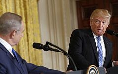 President Donald Trump and Israeli Prime Minister Benjamin Netanyahu participate in a joint news conference in the East Room of the White House in Washington, Wednesday, Feb. 15, 2017. (AP/Pablo Martinez Monsivais)