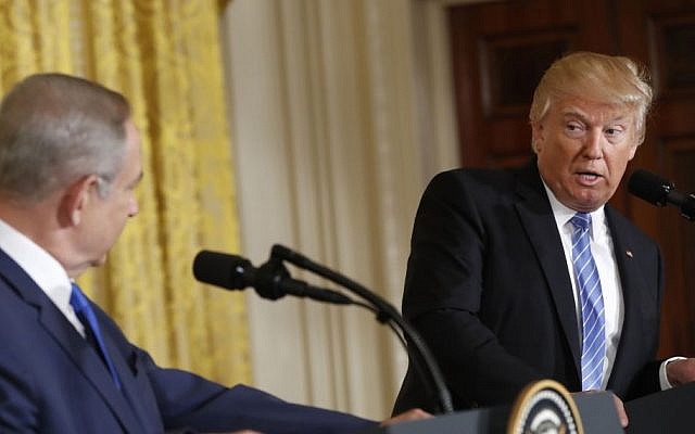 President Donald Trump and Israeli Prime Minister Benjamin Netanyahu participate in a joint news conference in the East Room of the White House in Washington, Wednesday, Feb. 15, 2017. (AP/Pablo Martinez Monsivais) President Donald Trump and Israeli Prime Minister Benjamin Netanyahu participate in a joint news conference in the East Room of the White House in Washington, Wednesday, Feb. 15, 2017. (AP/Pablo Martinez Monsivais)
