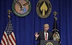 President Donald Trump speaks to troops while visiting US Central Command and US Special Operations Command at MacDill Air Force Base in Tampa, Fla., Monday, Feb. 6, 2017. (AP Photo/Susan Walsh)