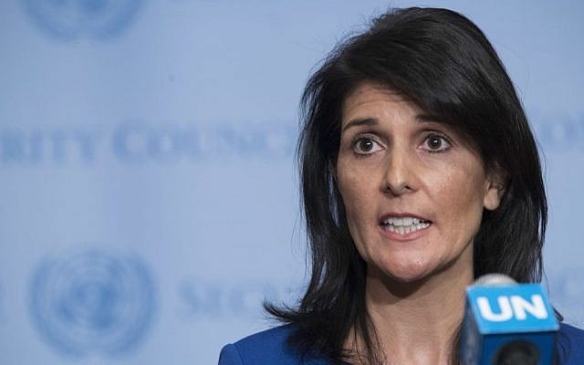 United States Ambassador to the United Nations Nikki Haley speaks to reporters after a Security Council meeting on the situation in the Middle East, Thursday, February 16, 2017 at UN headquarters. (AP Photo/Mary Altaffer) United States Ambassador to the United Nations Nikki Haley speaks to reporters after a Security Council meeting on the situation in the Middle East, Thursday, February 16, 2017 at UN headquarters. (AP Photo/Mary Altaffer)