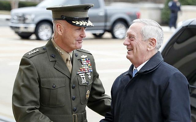 In this Jan. 21, 2107 file photo, US Joint Chiefs Chairman Gen. Joseph Dunford, left, greets Defense Secretary James Mattis at the Pentagon. (AP Photo/Alex Brandon, File) In this Jan. 21, 2107 file photo, US Joint Chiefs Chairman Gen. Joseph Dunford, left, greets Defense Secretary James Mattis at the Pentagon. (AP Photo/Alex Brandon, File)