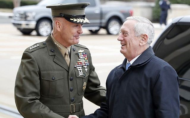 Joint Chiefs Chairman Gen. Joseph Dunford greets Defense Secretary Jimn Mattis at the Pentagon, January 21, 2107. (AP Photo/Alex Brandon, File) Joint Chiefs Chairman Gen. Joseph Dunford greets Defense Secretary Jimn Mattis at the Pentagon, January 21, 2107. (AP Photo/Alex Brandon, File)