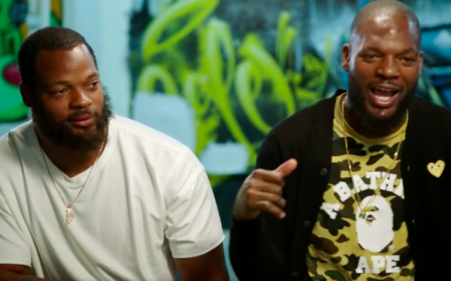 The Brothers Bennett, NFL players Michael Bennett (left) and Martellus Bennett, captured during an ESPN interview, were supposed to visit Israel on a seven-day trip; Michael Bennett has now become an outspoken opponent of the purpose of the trip (YouTube screen grab)