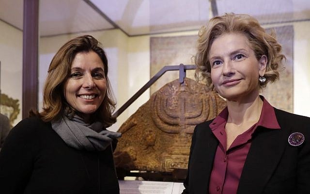 Director of the Vatican Museums, Barbara Jatta, left, and Director of Rome's Jewish Museum Alessandra Di Castro, in front of a bas-relief showing a menorah, in Rome, February 20, 2017. (AP/Alessandra Tarantino) Director of the Vatican Museums, Barbara Jatta, left, and Director of Rome's Jewish Museum Alessandra Di Castro, in front of a bas-relief showing a menorah, in Rome, February 20, 2017. (AP/Alessandra Tarantino)
