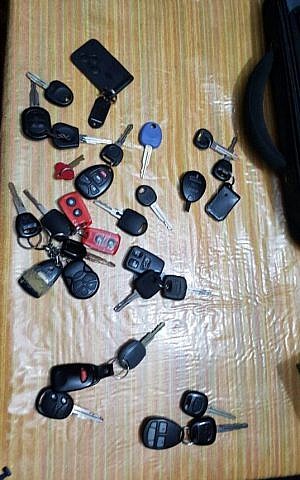 Keys from vehicles given by Hamas to families of terrorists in Jerusalem, confiscated in police raid on February 6, 2017 (Police spokesperson) Keys from vehicles given by Hamas to families of terrorists in Jerusalem, confiscated in police raid on February 6, 2017 (Police spokesperson)