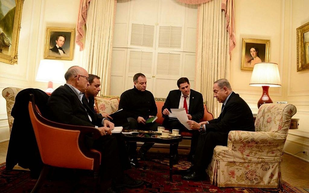 From left to right: Acting Security Advisor Yaakov Nagel, Military Attache to the Prime Minister Eliezer Toledano, PM Netanyahu's chief of staff Yoav Horowitz, Israeli Ambassador to the US Ron Dermer and Benjamin Netanyahu, at the Blair House in Washington, February 13 (Avi Ohayun/GPO) From left to right: Acting Security Advisor Yaakov Nagel, Military Attache to the Prime Minister Eliezer Toledano, PM Netanyahu's chief of staff Yoav Horowitz, Israeli Ambassador to the US Ron Dermer and Benjamin Netanyahu, at the Blair House in Washington, February 13 (Avi Ohayun/GPO)