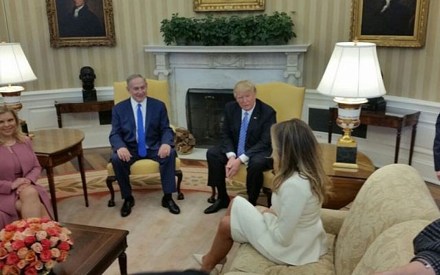 Benjamin Netanyahu, second left, and Donald Trump, second right, meeting in the Oval Office with their wives Sara Netanyahu, right and Melania Trump, left on February 15, 2017. (Raphael Ahren/ Times of Israel)