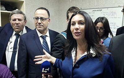 Miri Regev, center, speaks to the media from a locker room in Gaziantep, Turkey, on February 22, 2017. (Sports Ministry)