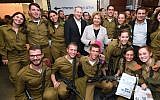 Sofa Landver, Minister of Immigration, and Rabbi Yehoshua Fass, Co-Founder and Executive Director of Nefesh B’Nefesh with Lone Soldiers, February 2017. (Shahar Azran/Nefesh B'Nefesh)
