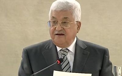 Palestinian President Mahmoud Abbas addresses the UN Human Rights Summit in Geneva on February 27, 2017. (Screen capture/YouTube)