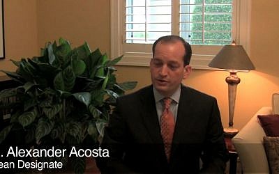 Alexander Acosta after becoming Dean of the Florida International University College of Law 2009 (Screen capture: YouTube) Alexander Acosta after becoming Dean of the Florida International University College of Law 2009 (Screen capture: YouTube)