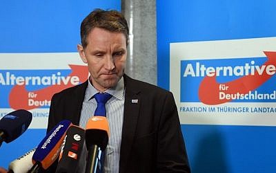 Bjoern Hoecke, chairman of the anti-immigration Alternative for Germany (AfD) party in the eastern federal state of Thuringia, gives a statement on February 13, 2017, at the Thuringian regional parliament in Erfurt, Germany. (AFP Photo/dpa/Hendrik Schmidt)