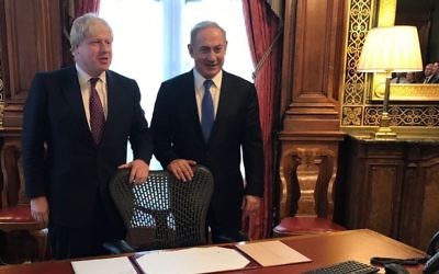 An image posted by Benjamin Netanyahu on Facebook shows him standing with British Foreign Secretary Boris Johnson in the room in London's Foreign Office where Arthur Balfour signed his famous 1917 declaration. February 6, 2017 (Facebook) An image posted by Benjamin Netanyahu on Facebook shows him standing with British Foreign Secretary Boris Johnson in the room in London's Foreign Office where Arthur Balfour signed his famous 1917 declaration. February 6, 2017 (Facebook)