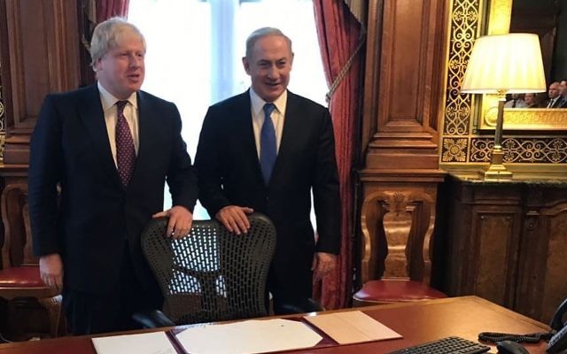 An image posted by Benjamin Netanyahu on Facebook shows him standing with British Foreign Secretary Boris Johnson in the room in London's Foreign Office where Arthur Balfour signed his famous 1917 declaration. February 6, 2017 (Facebook) An image posted by Benjamin Netanyahu on Facebook shows him standing with British Foreign Secretary Boris Johnson in the room in London's Foreign Office where Arthur Balfour signed his famous 1917 declaration. February 6, 2017 (Facebook)