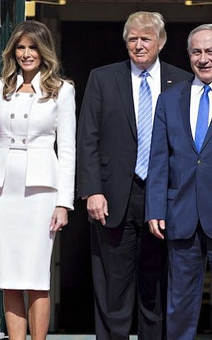 US President Donald Trump, second from right, and wife Melania, with Israeli Prime Minister Benjamin Netanyahu at the South Portico of the White House, February 15, 2017. (Andrew Harrer-Pool/Getty Images) US President Donald Trump, second from right, and wife Melania, with Israeli Prime Minister Benjamin Netanyahu at the South Portico of the White House, February 15, 2017. (Andrew Harrer-Pool/Getty Images)