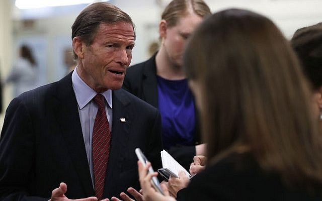 US Senator Richard Blumenthal (D-Connecticut) speaks to members of the media at the Capitol July 6, 2016 in Washington, DC. (Alex Wong/Getty Images via JTA) US Senator Richard Blumenthal (D-Connecticut) speaks to members of the media at the Capitol July 6, 2016 in Washington, DC. (Alex Wong/Getty Images via JTA)