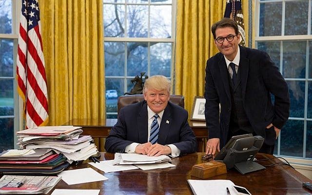 Israel Hayom's Boaz Bismuth with President Donald Trump, February 9, 2017 (Boaz Bismuth / Facebook)