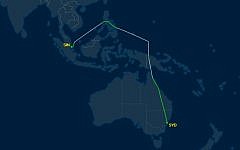 The flight trajectory of El Al Flight ELY33 from Singapore to Sydney, carrying Prime Minister Benjamin Netanyahu on February 22, 2017, showing a detour of some 2.5 hours to avoid Indonesian airspace. (Screenshot: FlightAware)