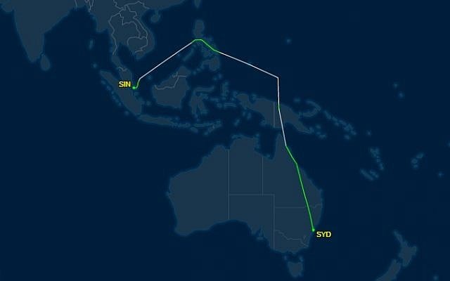 The flight trajectory of El Al Flight ELY33 from Singapore to Sydney, carrying Prime Minister Benjamin Netanyahu on February 22, 2017, showing a detour of some 2.5 hours to avoid Indonesian airspace. (Screenshot: FlightAware) The flight trajectory of El Al Flight ELY33 from Singapore to Sydney, carrying Prime Minister Benjamin Netanyahu on February 22, 2017, showing a detour of some 2.5 hours to avoid Indonesian airspace. (Screenshot: FlightAware)