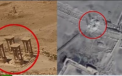 This photo combo, made from footage taken from the Russian Defense Ministry official website, purports to show the Roman-era amphitheater on June 6, 2016, left, and on Feb. 5, 2017, right, in Palmyra, Syria. (Screen capture/YouTube)