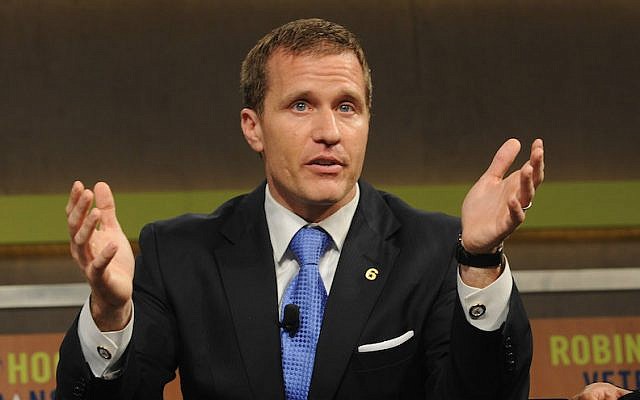 Eric Greitens speaking at the Robin Hood Veterans Summit at the Intrepid Sea-Air-Space Museum in New York, May 7, 2012. (Craig Barritt/Getty Images via JTA) Eric Greitens speaking at the Robin Hood Veterans Summit at the Intrepid Sea-Air-Space Museum in New York, May 7, 2012. (Craig Barritt/Getty Images via JTA)