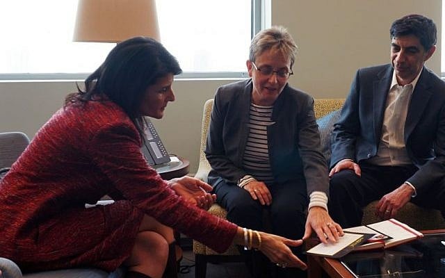Simha and Leah Goldin with US Ambassador to the United Nations Nikki Haley, left. (US Mission to the UN) Simha and Leah Goldin with US Ambassador to the United Nations Nikki Haley, left. (US Mission to the UN)