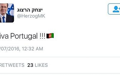A a July 2016 tweet in which opposition leader Isaac Herzog posted the Afghan flag instead of the Portuguese flag (screen capture: Twitter)