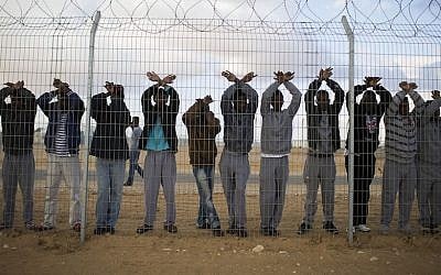 Asylum seekers protesting at the Holot detention center in the southern Negev Desert of Israel, February 17, 2014. (Ilia Yefimovich/Getty Images)
