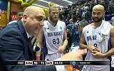Ironi Nahariya basketball coach Eric Alfasi (l) with members of the team during their victory over Gaziantep, February 8, 2017. (Screen capture: YouTube)