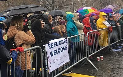 About 700 people attended a New York City rally in support of refugees organized by the Hebrew Immigrant Aid Society, February 12, 2017. (JTA/Josefin Dolsten)