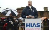 New York City Mayor Bill de Blasio speaking at a HIAS rally in New York, Feb. 12, 2017. (Gili Getz via JTA)