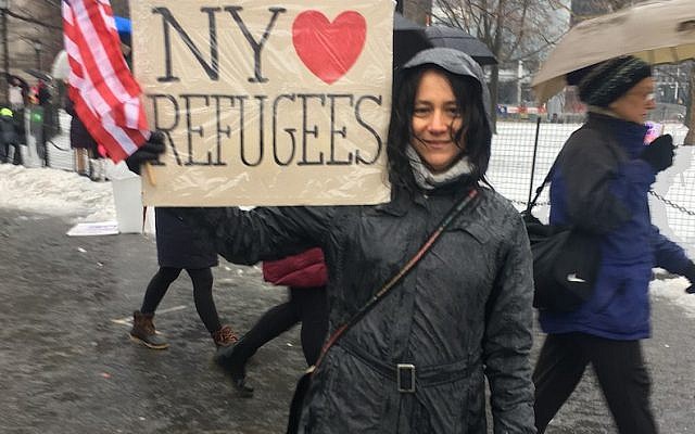 Lisa Davidson, seen at the New York rally, says she sees parallels between the Holocaust and the civil war in Syria. (JTA/ Josefin Dolsten) 