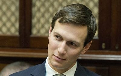 Jared Kushner listens as US President Donald Trump participates in a congressional listening session with GOP members in the Roosevelt Room of the White House, February 16, 2017. (Ron Sachs/Pool/Getty Images via JTA)