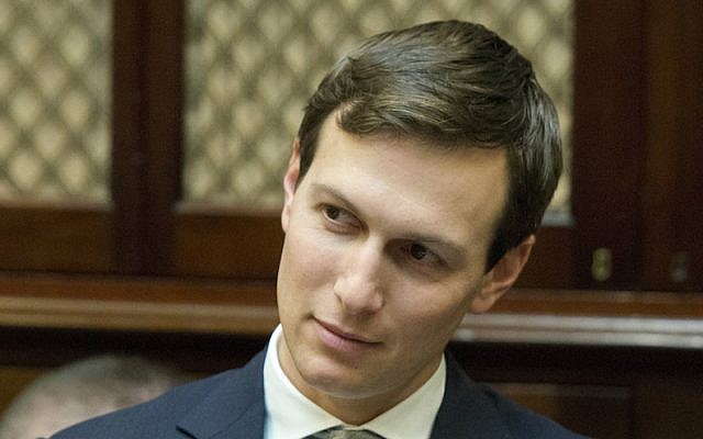 Jared Kushner listens as US President Donald Trump participates in a congressional listening session with GOP members in the Roosevelt Room of the White House, February 16, 2017. (Ron Sachs/Pool/Getty Images via JTA)