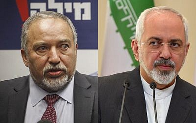 Defense Minister Avigdor Liberman (left) and Iranian Foreign Minister Mohammad Javad Zarif (Flash90 and AFP)