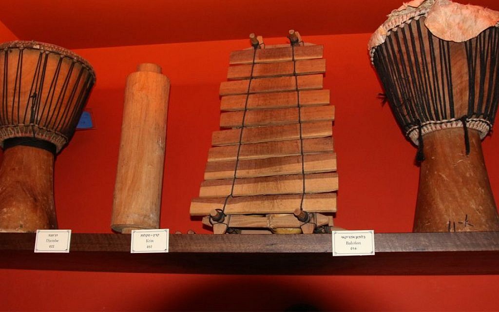 North African instruments in the Hebrew Music Museum, which features instruments used by diaspora Jewry in different countries. (Shmuel Bar-Am)